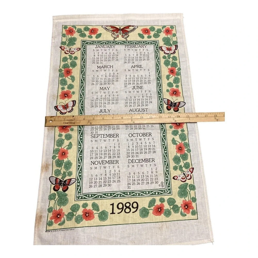 Vintage 1989 Calendar Tea Towel Linen Red Floral Butterfly Cottagecore Retro USA